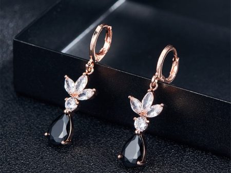 Black Crystal & 18K Rose Gold-Plated Flower Teardrop Earrings Supply