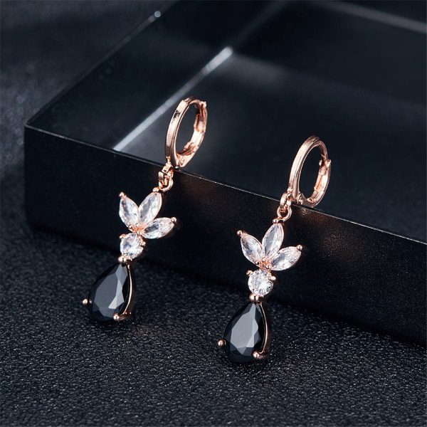 Black Crystal & 18K Rose Gold-Plated Flower Teardrop Earrings Supply