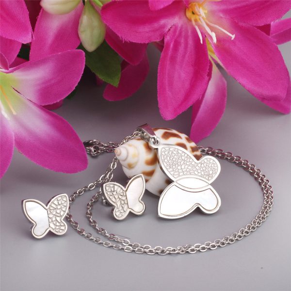 White Shell & Silver-Plated Butterfly Stud Earrings & Pendant Necklace Online Sale