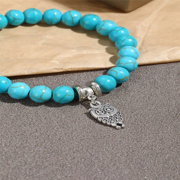 Turquoise & Silver-Plated Owl Charm Stretch Bracelet Discount