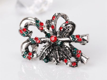 Red Cubic Zirconia & Silver-Plated Candy Cane Botany Brooch Sale