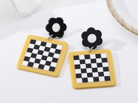 Black & White Checkerboard & Flower Drop Earrings Cheap