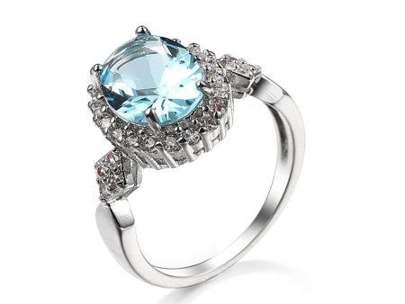 Sea Blue Cubic Zirconia & Crystal Halo Oval Ring Online Hot Sale