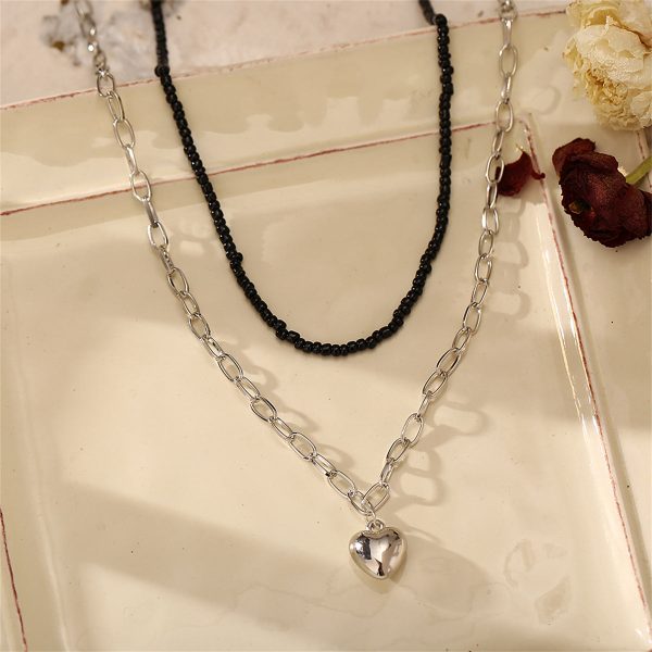 Black Howlite & Silver-Plated Heart Pendant Necklace Set For Cheap