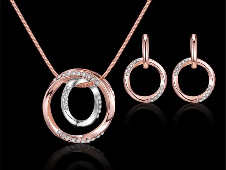 Two-Tone & Cubic Zirconia Double-Ring Pendant Necklace & Drop Earrings Fashion