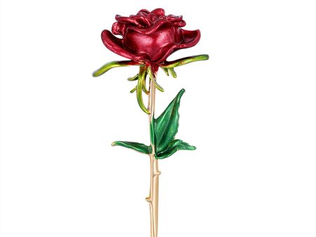 Red Enamel & 18K Gold-Plated Rose Brooch For Cheap