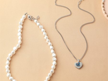 Blue Enamel & Pearl Silver-Plated Heart Pendant Necklace Set For Discount