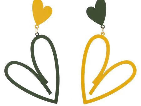 Yellow & Green Enamel Mismatching Heart Dangle Earring For Cheap