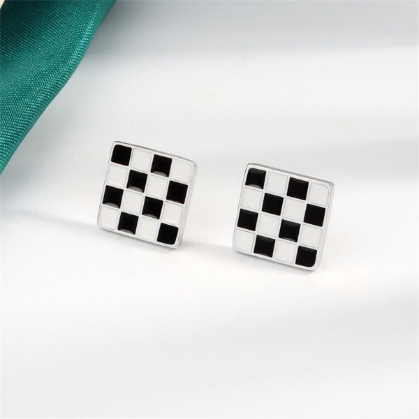 Black & White Plaid Square Stud Earrings Supply