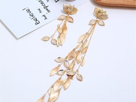 18K Gold Plated Lotus & Leaves Drop Earrings Online now