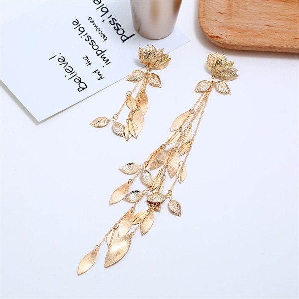 18K Gold Plated Lotus & Leaves Drop Earrings Online now