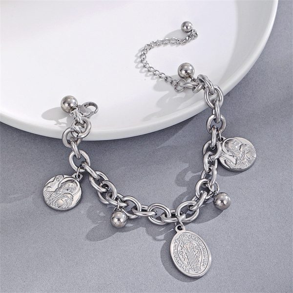 Stainless Steel Oval Patron Saints Charm Bracelet on Sale