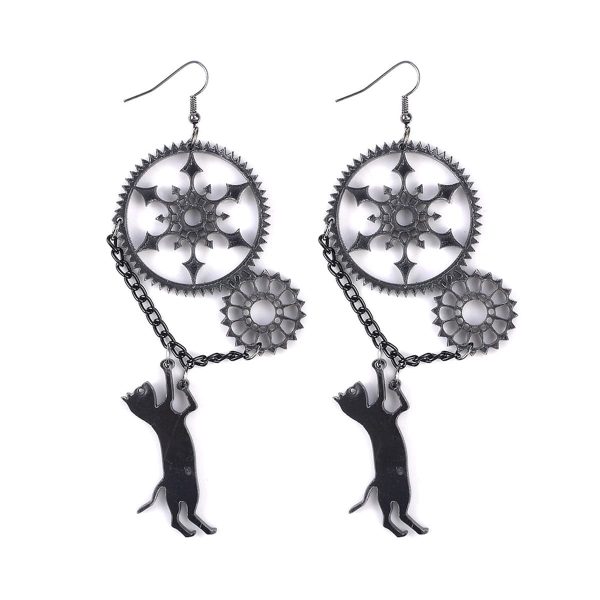 Black Cat & Gear Drop Earrings on Sale