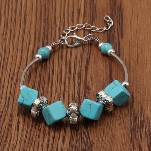 Turquoise & Silver-Plated Cube Charm Bracelet For Cheap