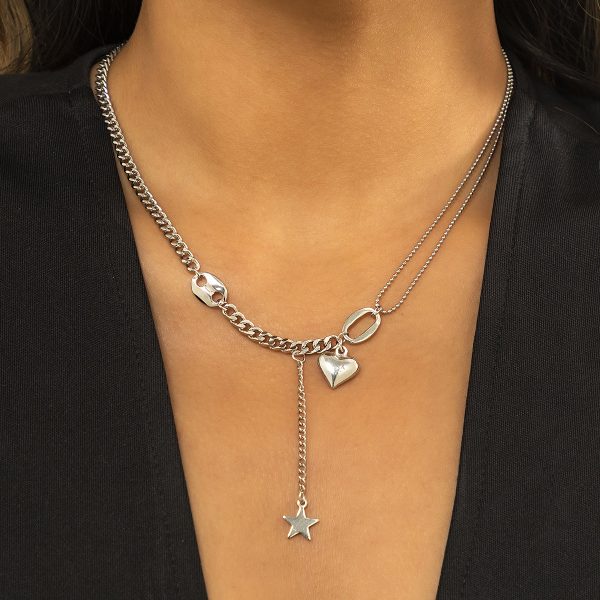 Silver-Plated Heart & Star Pendant Necklace For Cheap