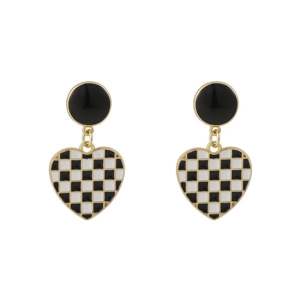 Black & White Enamel Checkerboard Tiered Heart Drop Earrings Fashion