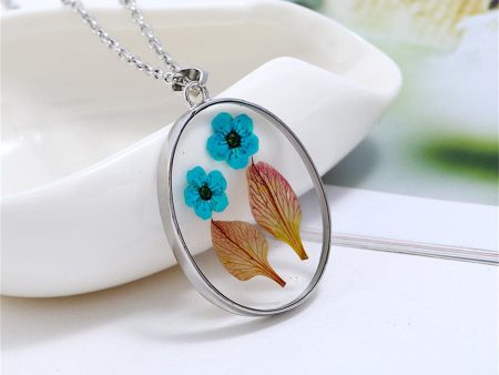 Blue & Green Pressed Flower Oval Pendant Necklace Online