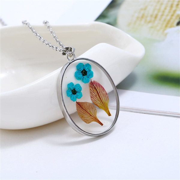 Blue & Green Pressed Flower Oval Pendant Necklace Online