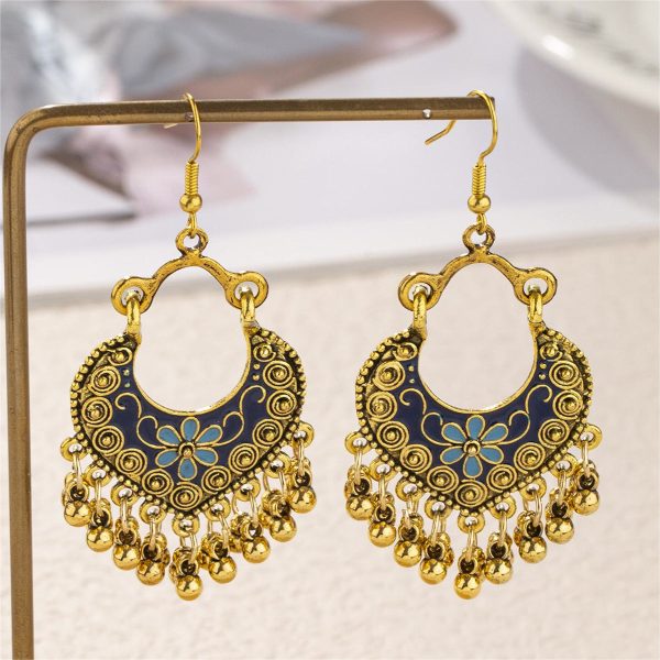 Blue Enamel & 18K Gold Plated Ball-Detail Flower Drop Earrings For Sale