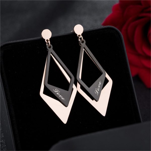 Black Acrylic & 18K Rose Gold-Plated  Love  Stacked Rhombus Drop Earrings Supply