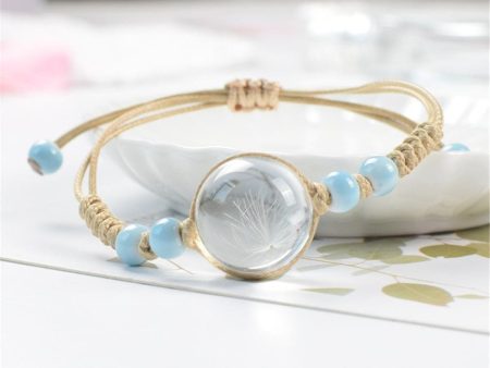 White Dandelion & Blue Ceramic Bead Adjustable Bracelet For Sale