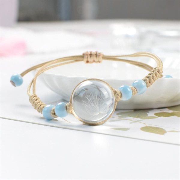 White Dandelion & Blue Ceramic Bead Adjustable Bracelet For Sale