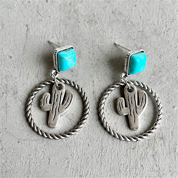 Turquoise & Silver-Plated Cactus Drop Earrings Fashion