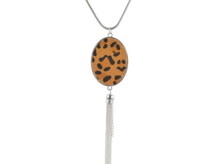 Tan Polyurethane & Silver-Plated Leopard Oval Tassel Pendant Necklace Online now