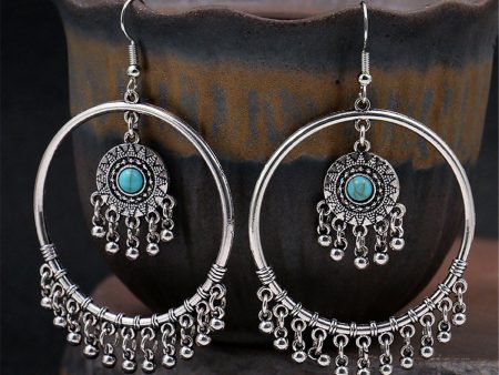 Turquoise & Silver-Plated Big Circle Drop Earrings Fashion