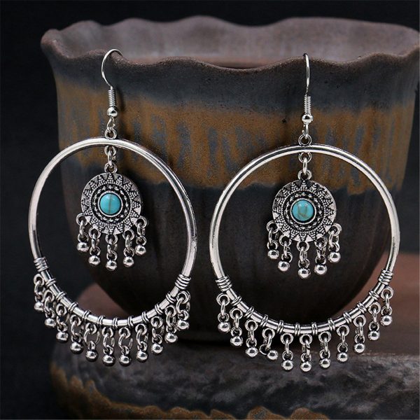 Turquoise & Silver-Plated Big Circle Drop Earrings Fashion