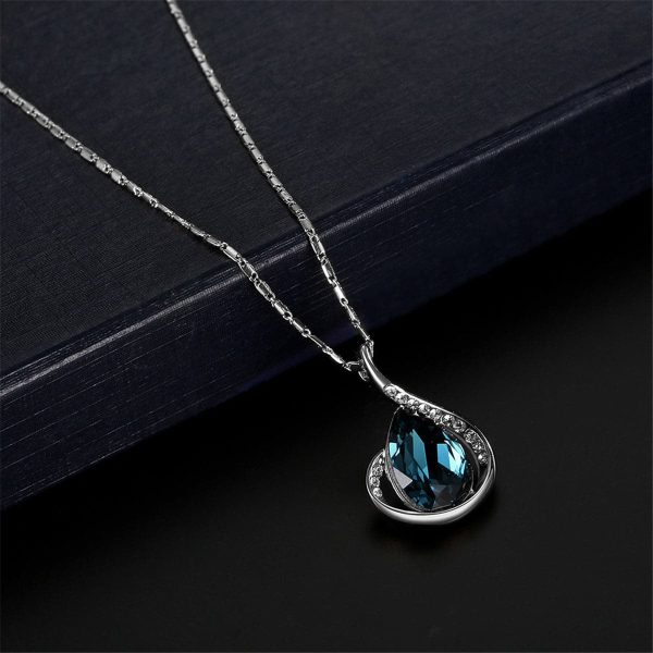 Blue & Silver-Plated Pear Pendant Necklace & Drop Earrings For Cheap