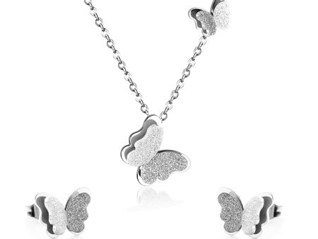 Silver-Plated Butterfly Stud Earrings & Pendant Necklace Fashion