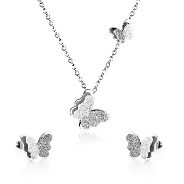 Silver-Plated Butterfly Stud Earrings & Pendant Necklace Fashion