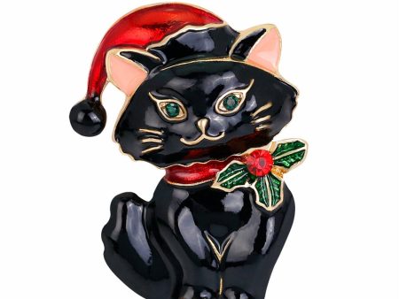 18K Gold-Plated & Cubic Zirconia Hatted Black Cat Brooch Online now