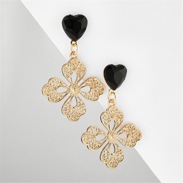 Black Crystal & 18K Gold-Plated Filigree Heart Floral Drop Earrings For Cheap