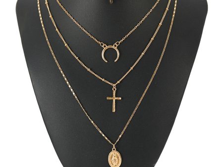 18K Gold-Plated Cross & Moon Layered Choker Necklace Fashion