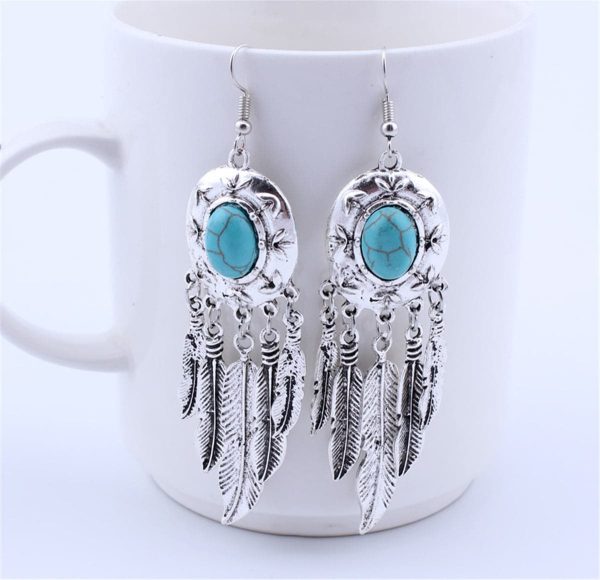 Turquoise & Silver-Plated Feather Drop Earrings For Discount