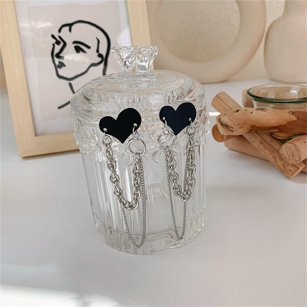 Black Acrylic & Silver-Plated Heart Chain Tassel Drop Earrings Supply