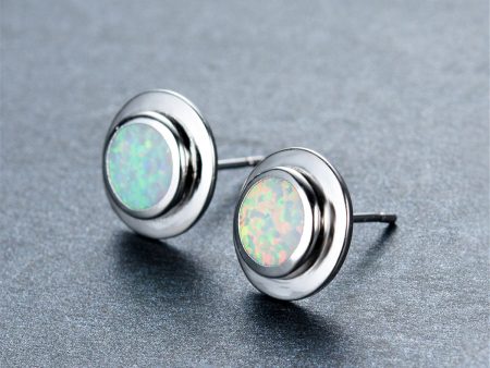 White Opal Round Bezel Stud Earrings Online Hot Sale