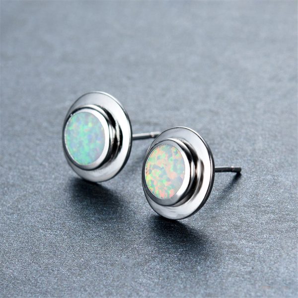 White Opal Round Bezel Stud Earrings Online Hot Sale