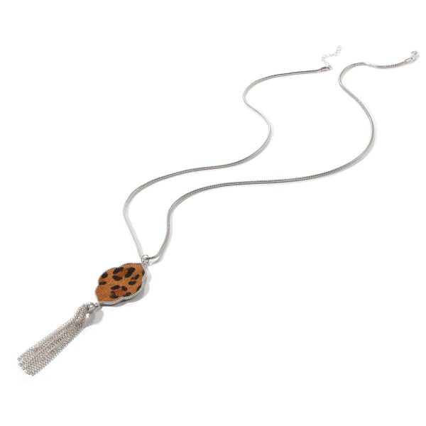 Tan & Platinum Leopard Lattice Tassel Pendant Necklace Discount