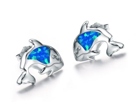 Blue Opal & Cubic Zirconia Dolphin Stud Earrings Supply