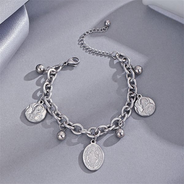 Stainless Steel Oval Patron Saints Charm Bracelet on Sale