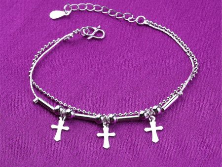 Silver-Plated Cross & Bead Double-Strand Anklet Online Sale