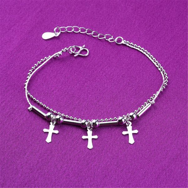 Silver-Plated Cross & Bead Double-Strand Anklet Online Sale