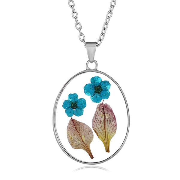 Blue & Green Pressed Flower Oval Pendant Necklace Online