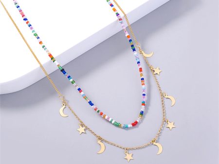 Blue & Red Acrylic Beaded Necklace & 18K Gold-Plated Celestial Pendant Necklace Set Online now