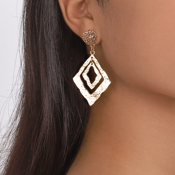 18K Gold-Plated Textured Dual Rhombus Drop Earrings Supply