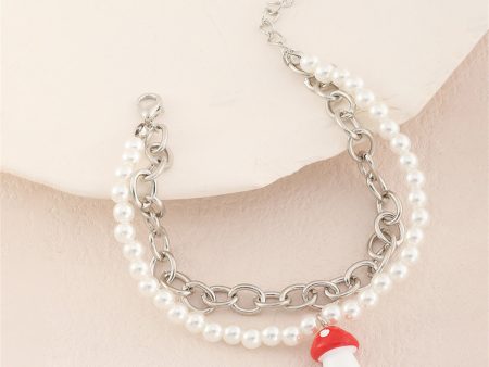 Red Resin & Pearl Silver-Plated Mushroom Layered Bracelet Online