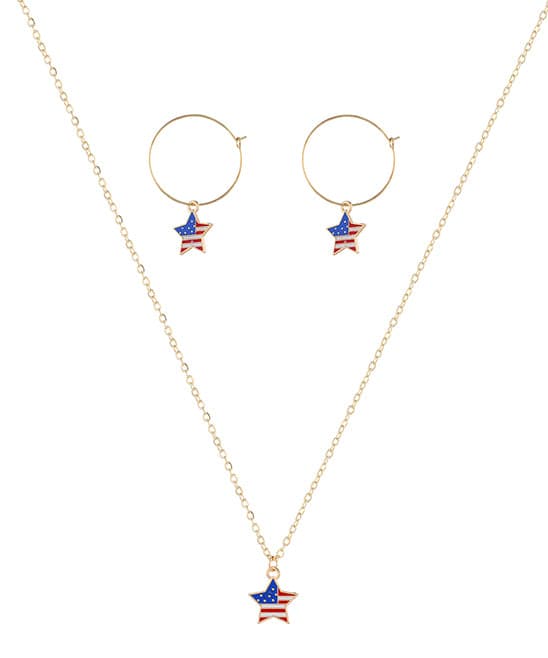 18K Gold-Plated American Flags Star Necklace & Earring Set Fashion